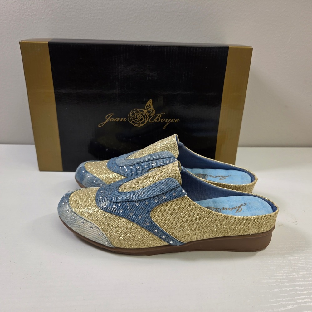Joan Boyce Gold Metallic Denim Rhinestone Mule Sneakers Low Wedge Slides W-6